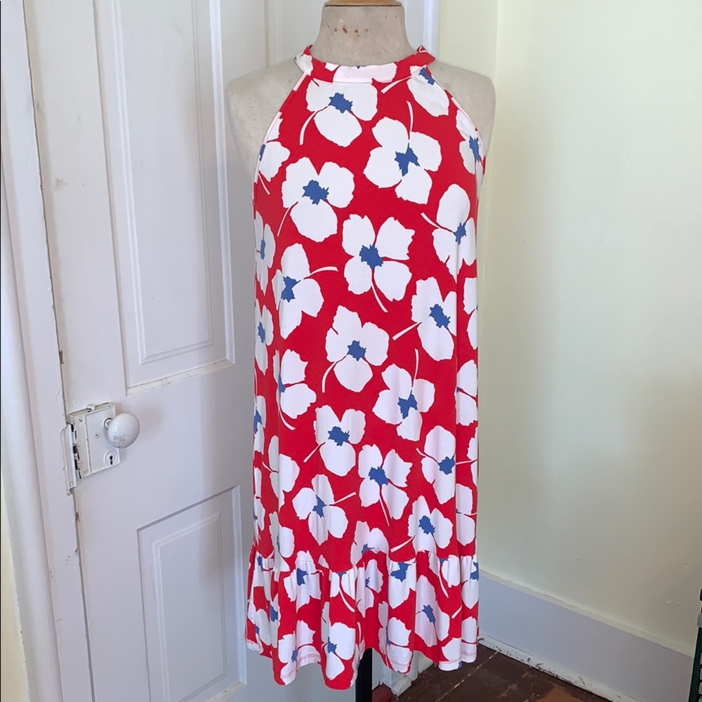 Loft Red White Blue Floral Halter Summer Vacation Swing Dress LP